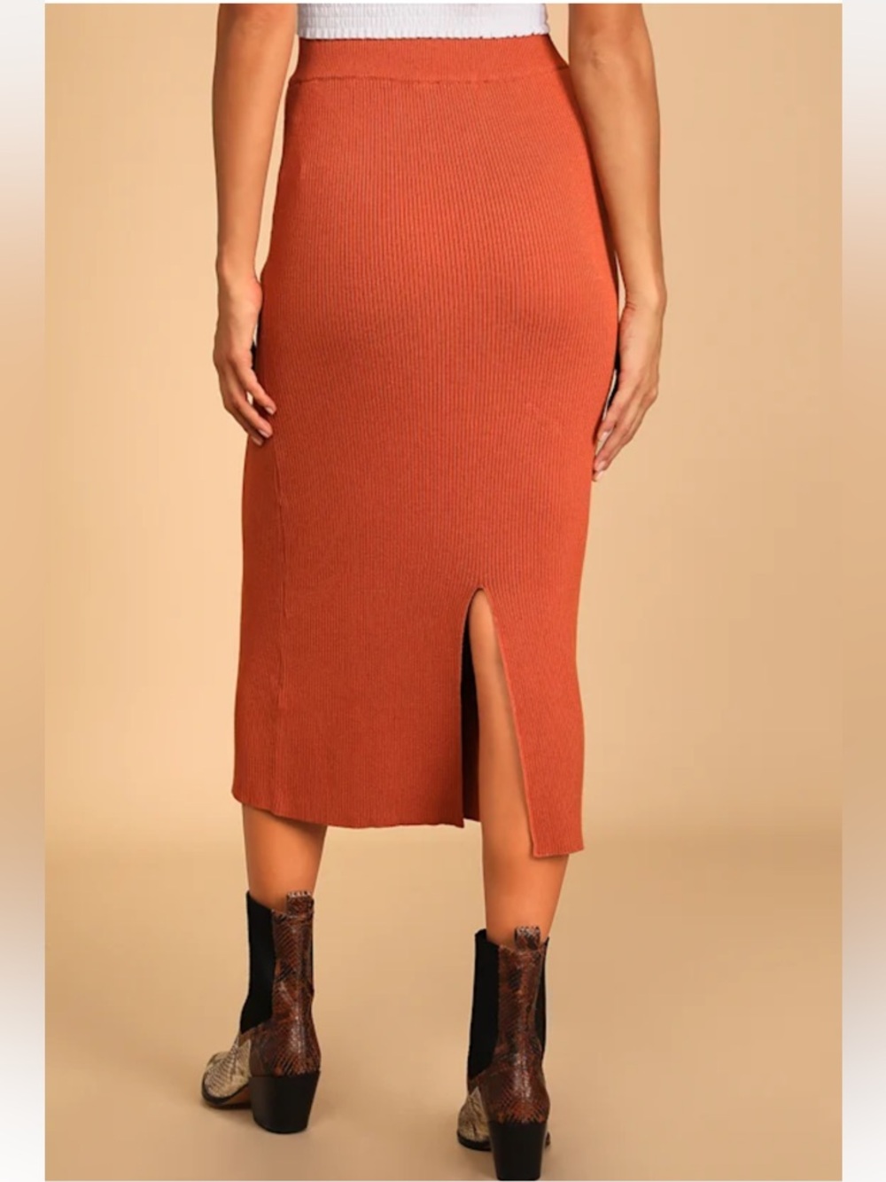 Lulu's Ribbed High-Waist Midi Skirt in Rust Orange - Picture 4 of 8
